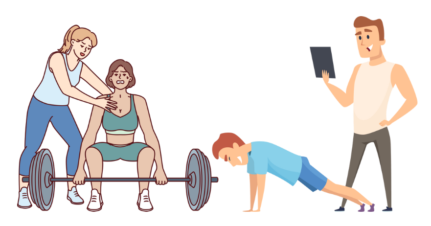 スタッフトレーナーからジムトレーニングを受けている男女